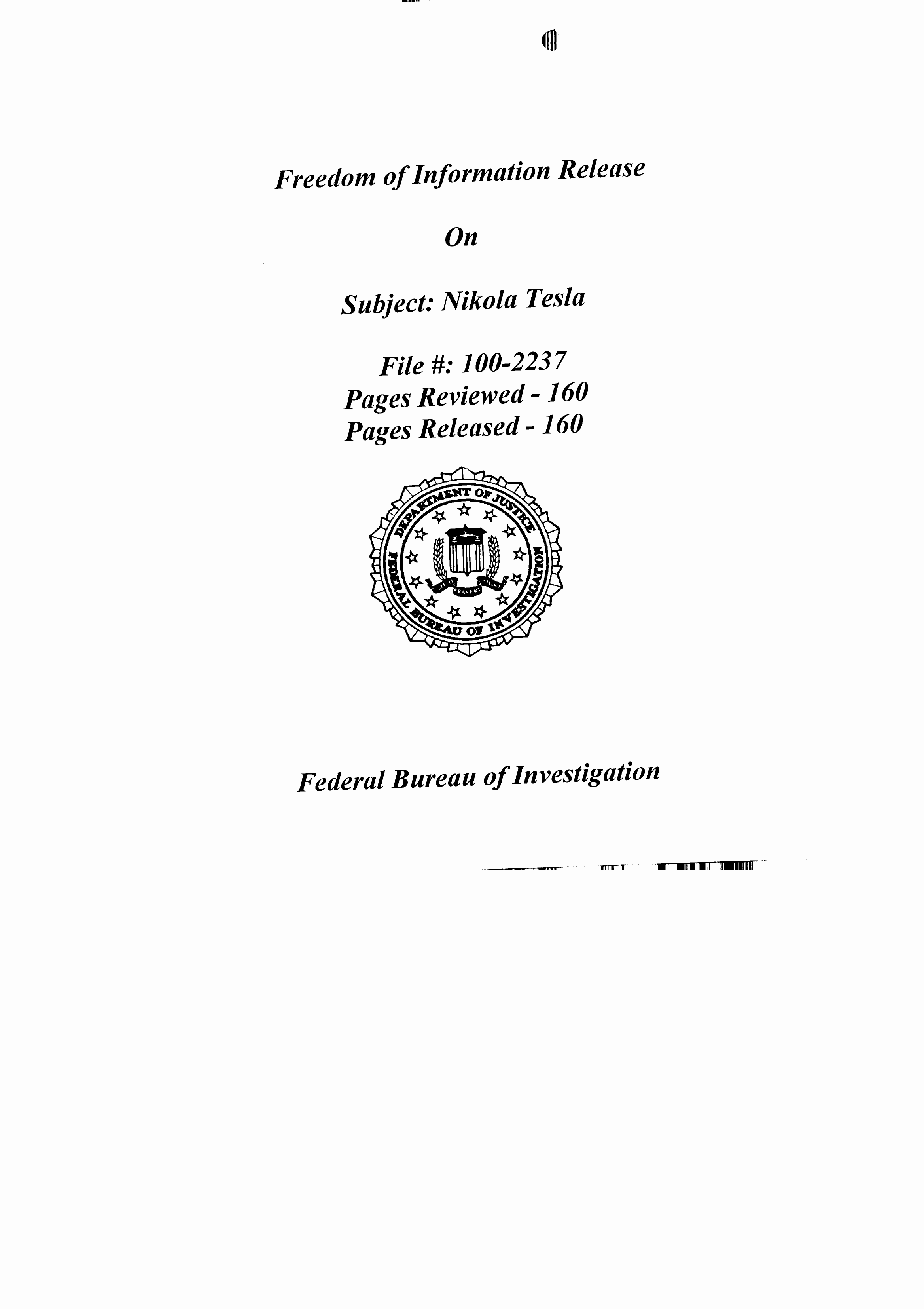 Freedom of Information Release document on Nikola Tesla by the FBI